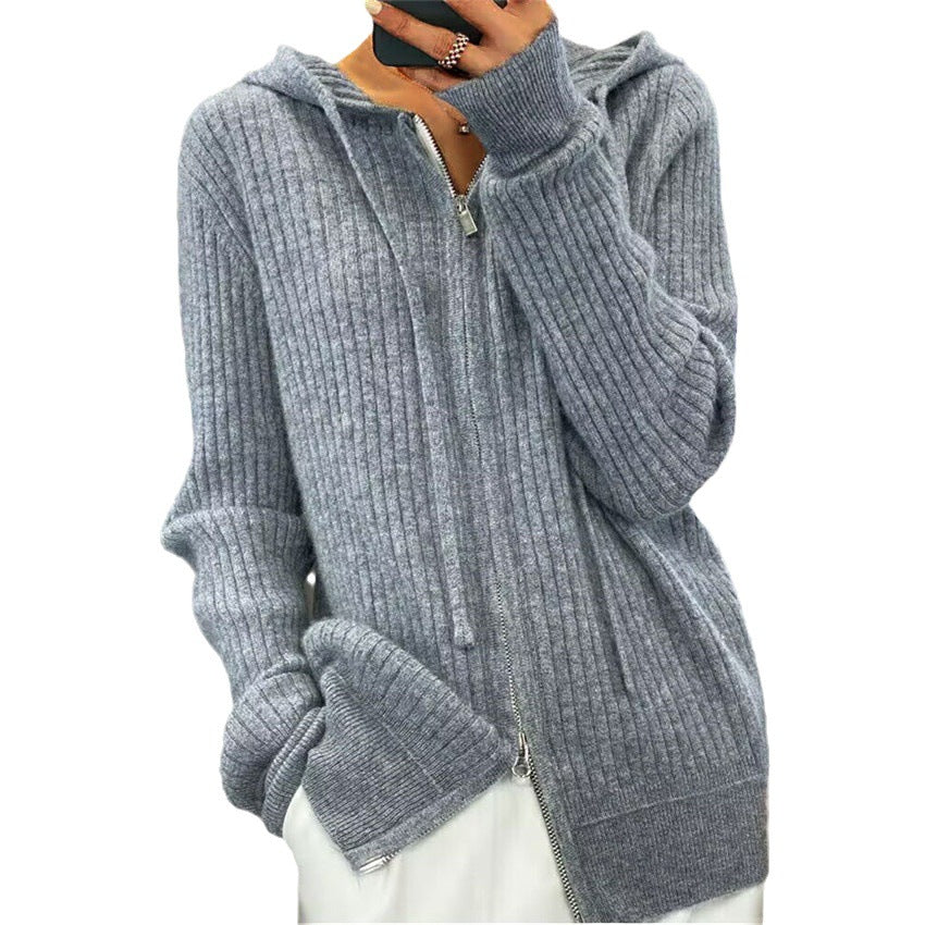 Damen nan oversized Rippstrick-Kapuzencardigan mit Zwei-Wege-Reißverschluss und Kaschmir-Blend EB