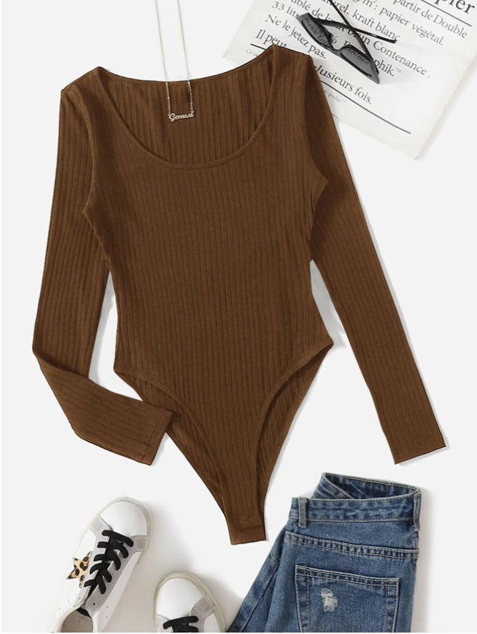 Damen Langarm Bodysuit mit Rippstruktur und tiefem U-Bootausschnitt EB