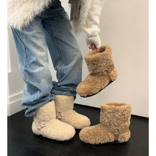 Damen Gemütliche Kuschelboots mit weichem Innenfutter und modischem Riemen EB