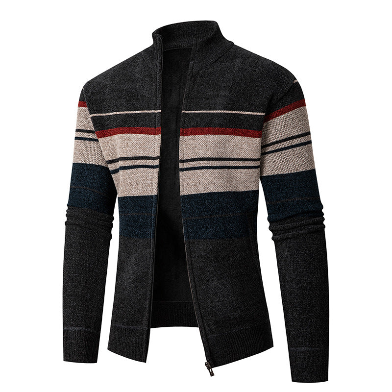 Herren modische Strickjacke mit kontrastierenden Streifen und hochabschließendem Kragen EB