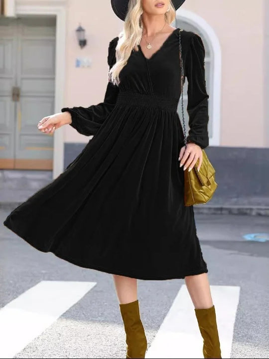 Damen Midikleid aus Samt mit V-Ausschnitt, geraffter Smock-Taille und langen Ballonärmeln EB
