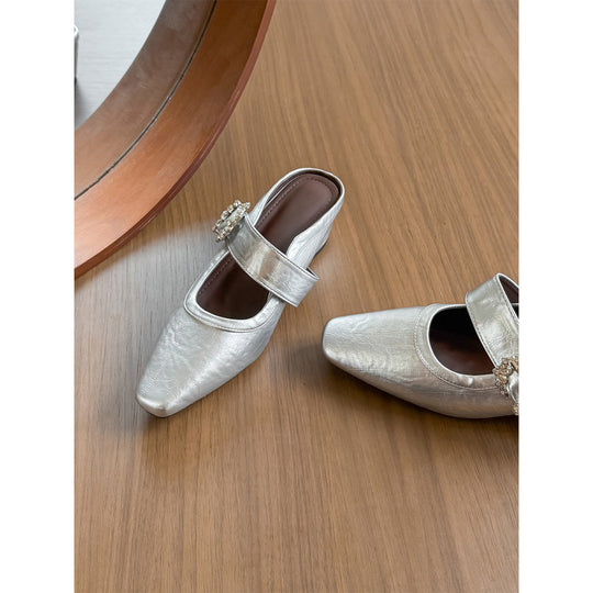 Damen elegante Mules mit funkelndem Riemen und komfortablem Blockabsatz EB
