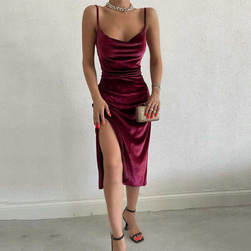 Damen Elegantes Satin-Midikleid mit Drapierung und Seitenschlitz EB