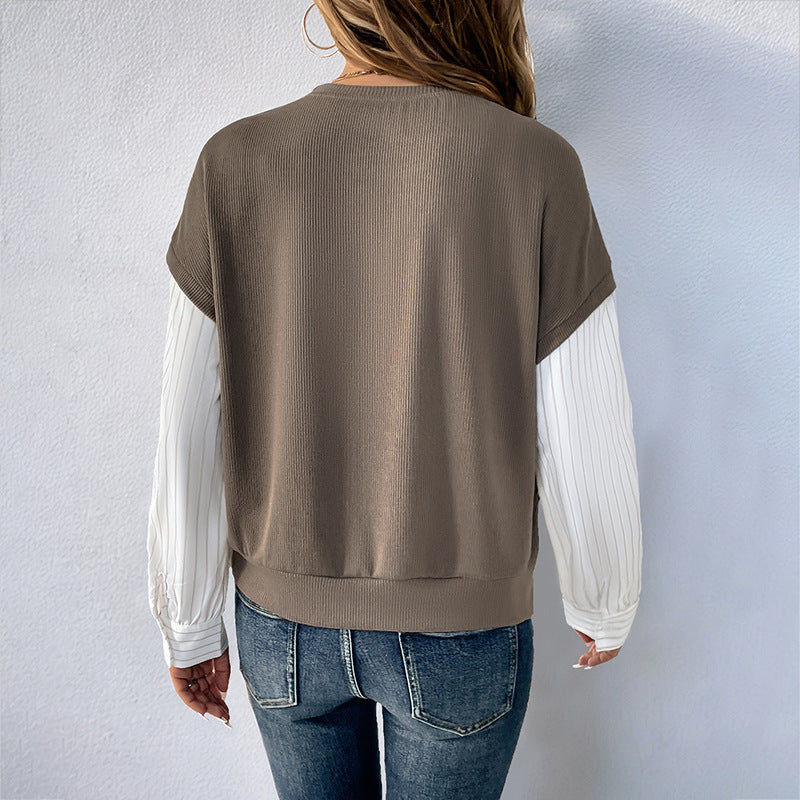 Damen Casual-Longsleeve mit Rippoberteil & gestreiften Blusenärmeln EB