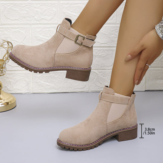 Damen kurze Ankle-Boots im Vintage-Velours-Look mit Schnallenriemen und profilierter Gummisohle EB