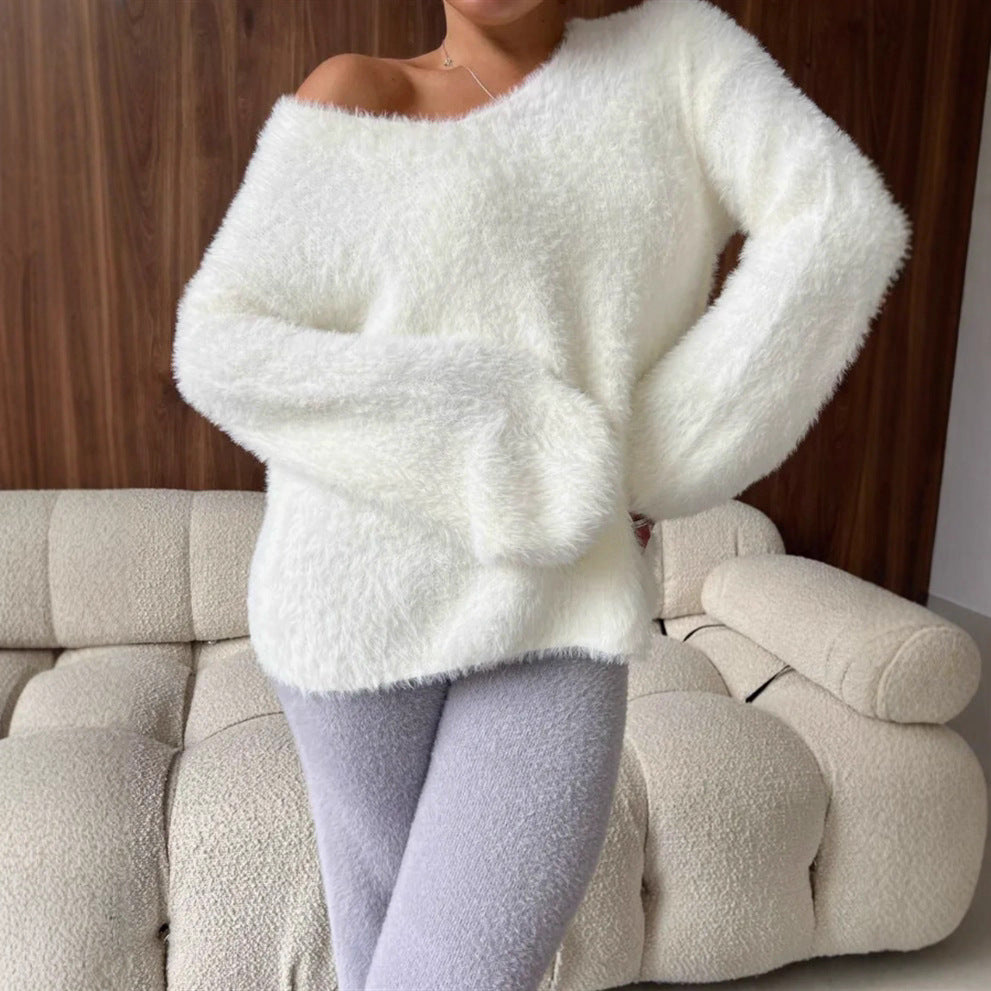 Damen Oversize-Flauschpullover mit V-Ausschnitt und Teddy-Optik EB