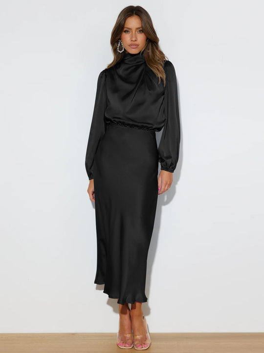 Damen Satin-Maxikleid mit hohem Kragen und Raffungen EB