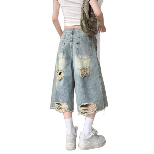 Damen Weite Denim-Culotte mit modischen Rissdetails und lässigem Schnitt EB
