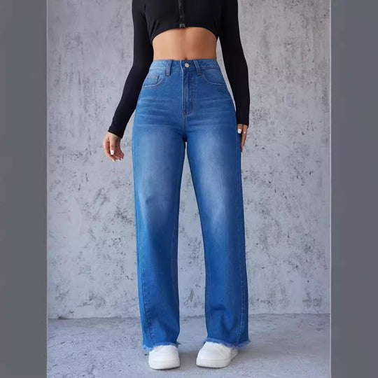 Damen Hochtaillierte Mom-Jeans mit lässigem Schnitt und fransigem Saum EB