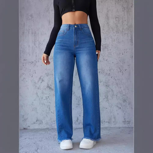 Damen Hochtaillierte Mom-Jeans mit lässigem Schnitt und fransigem Saum EB