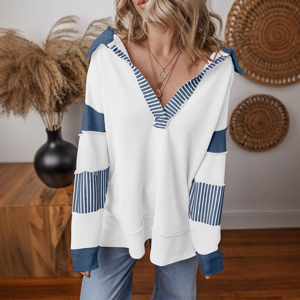 Damen lässiger Pullover mit Hemdkragen und gestreiften Ärmeln EB