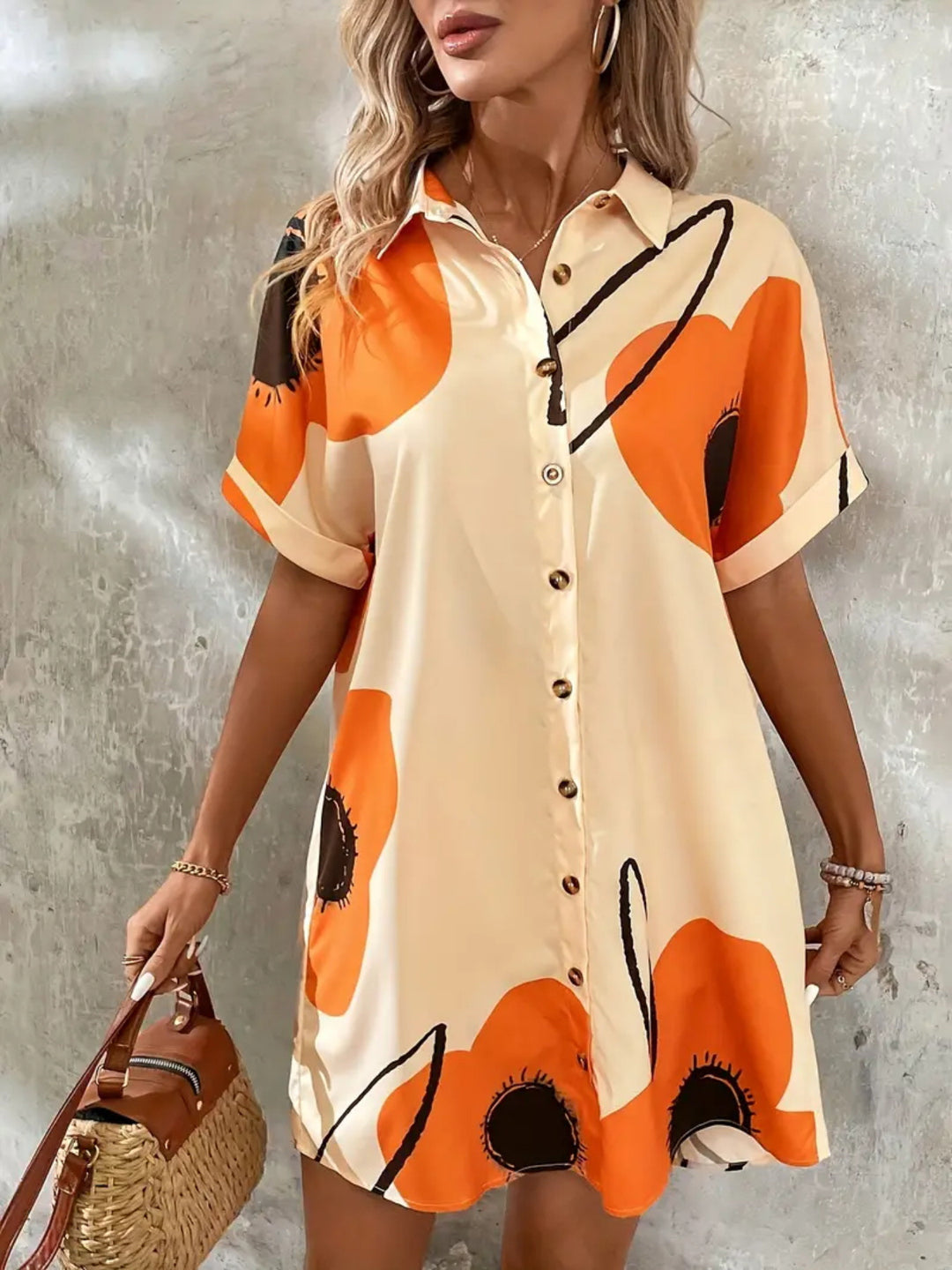 Damen Hemdblusenkleid mit floralen Akzenten und elegantem Schnitt EB