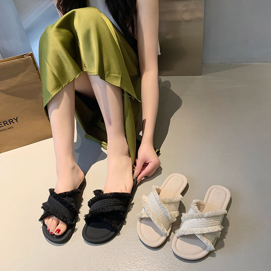 Damen Pantolette mit fransigem Design und softer Innensohle EB