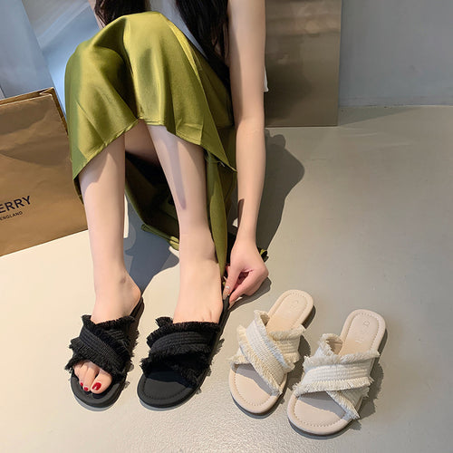 Damen Pantolette mit fransigem Design und softer Innensohle EB