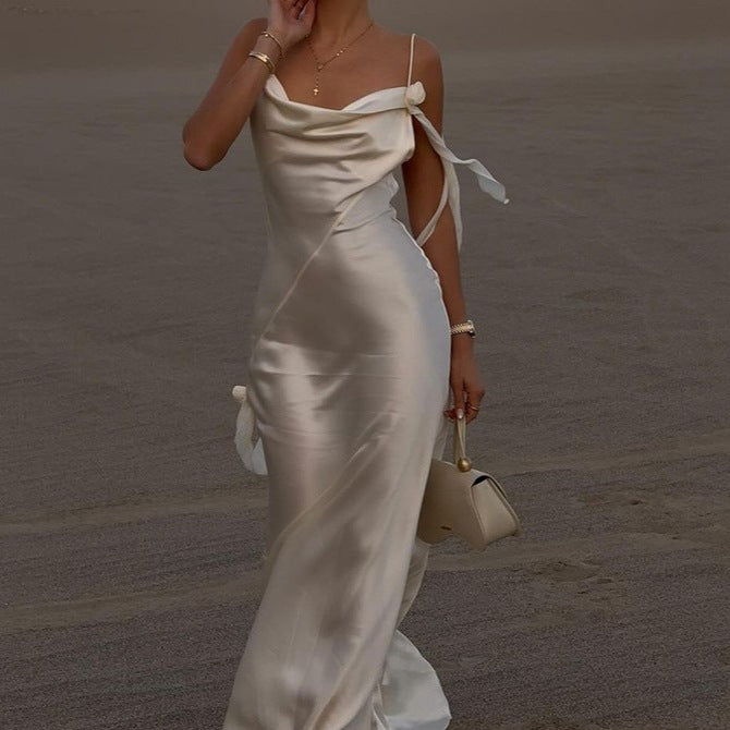Damen Elegantes Satin-Wickelkleid mit verführerischem Ausschnitt und Spaghettiträgern EB