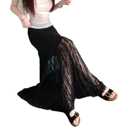 Damen Eleganter Maxi-Rock mit transparenter Spitze und Falten EB