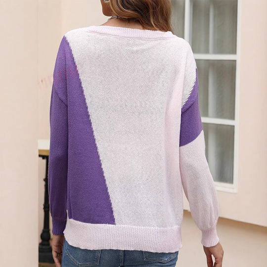 Damen modischer Pullover mit geometrischem Design und Rippstruktur EB
