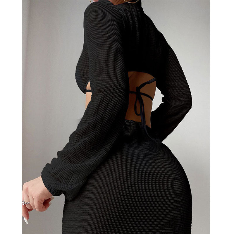 Damen Cut-Out Strandkleid mit langem Arm und Knotendetail EB