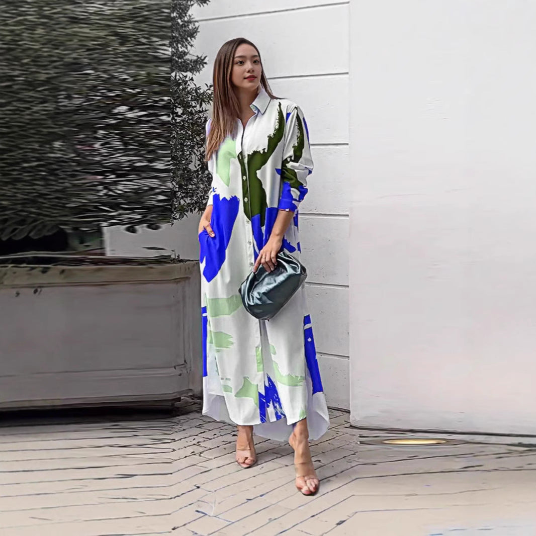 Damen lässiges Hemdblusenkleid mit buntem Grafikdruck und praktischen Taschen EB
