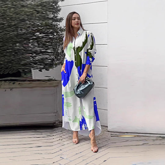 Damen lässiges Hemdblusenkleid mit buntem Grafikdruck und praktischen Taschen EB