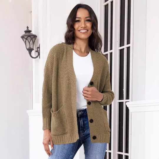 Damen Grober Strickcardigan mit praktischen Taschen und eleganten Knopfdetails EB