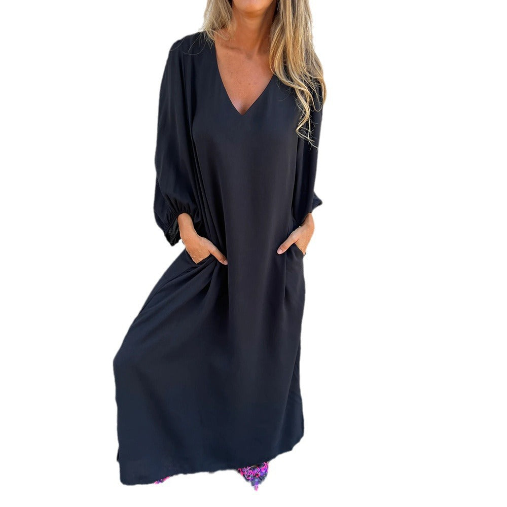 Damen Elegantes Maxikleid mit V-Ausschnitt und Taschen EB