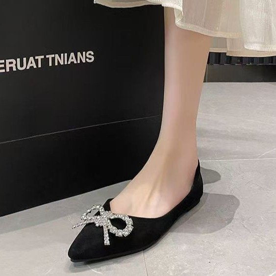 Damen elegante Ballerinas mit strassbesetztem Schleifendetail EB