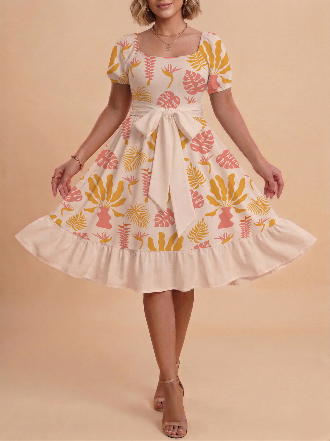 Damen Sommerliches Blumenkleid mit taillierbarem Gürtel und voluminösen Ärmeln EB