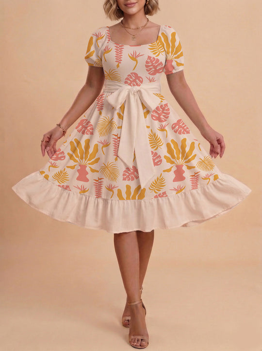Damen Sommerliches Blumenkleid mit taillierbarem Gürtel und voluminösen Ärmeln EB