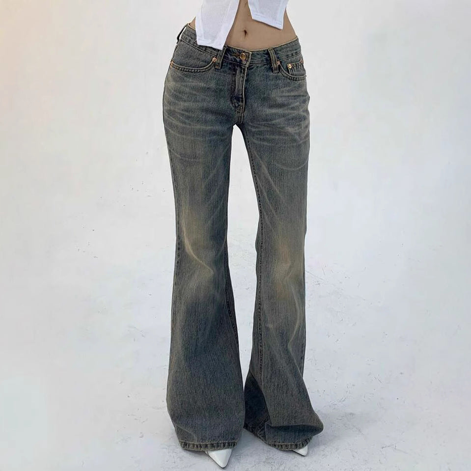 Damen Hochtaillierte Flared Jeans im Vintage-Look mit ausgestelltem Bein EB