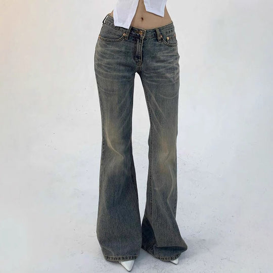 Damen Hochtaillierte Flared Jeans im Vintage-Look mit ausgestelltem Bein EB