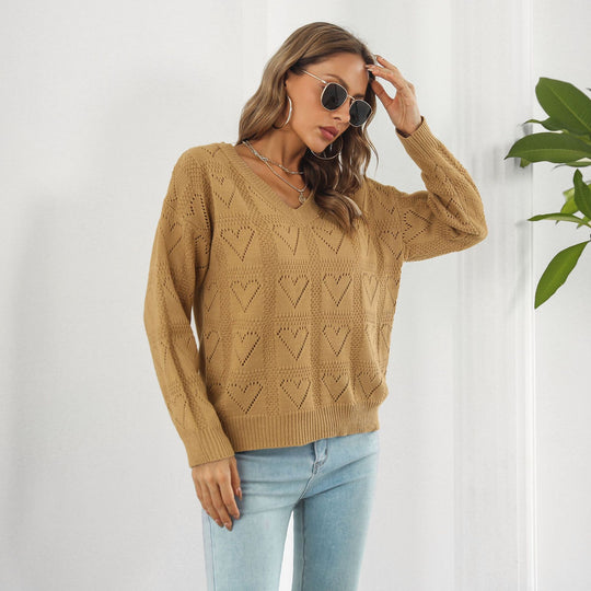 Damen Strickpullover mit Herzmuster und V-Ausschnitt EB