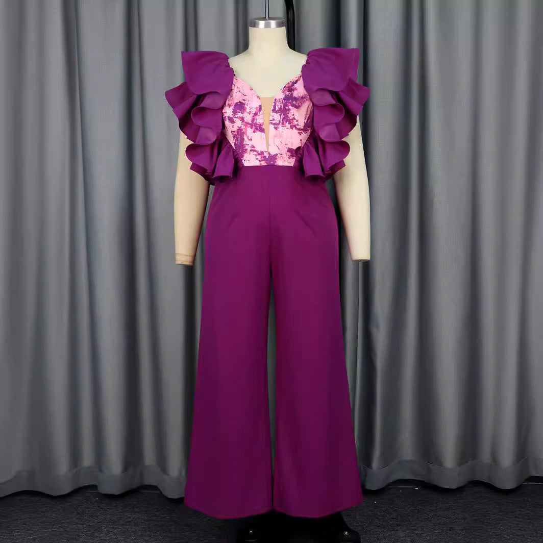 Damen eleganter Jumpsuit mit voluminösen Rüschendetails EB