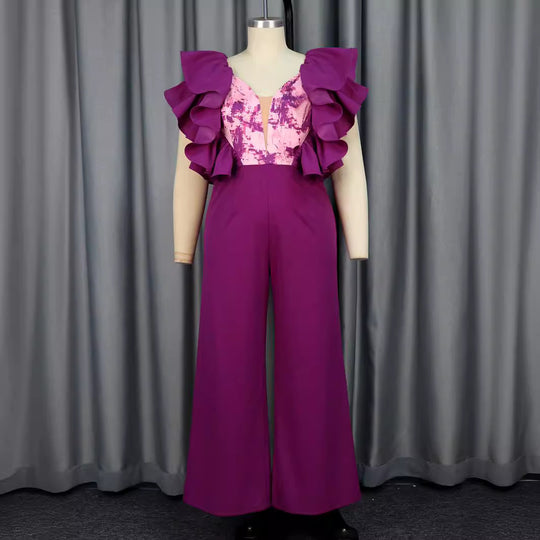 Damen eleganter Jumpsuit mit voluminösen Rüschendetails EB