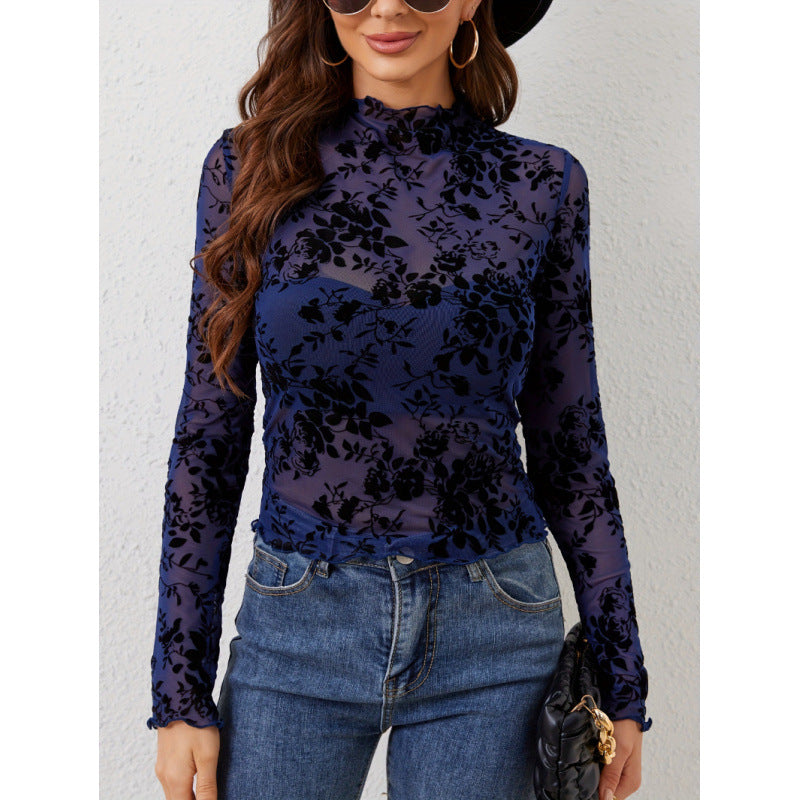 Damen Langarmshirt mit floralem Chiffon und transparenten Details EB