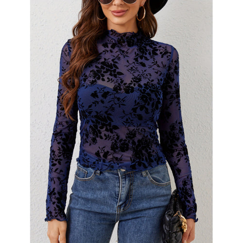 Damen Langarmshirt mit floralem Chiffon und transparenten Details EB
