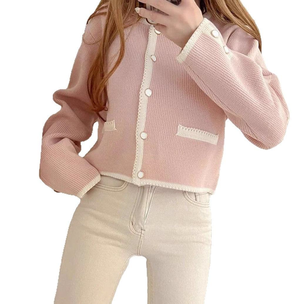 Damen Kurzgeschnittener gerippter Cardigan mit kontrast‑Häkelkante, Zierknopfleiste und Taschenleisten EB