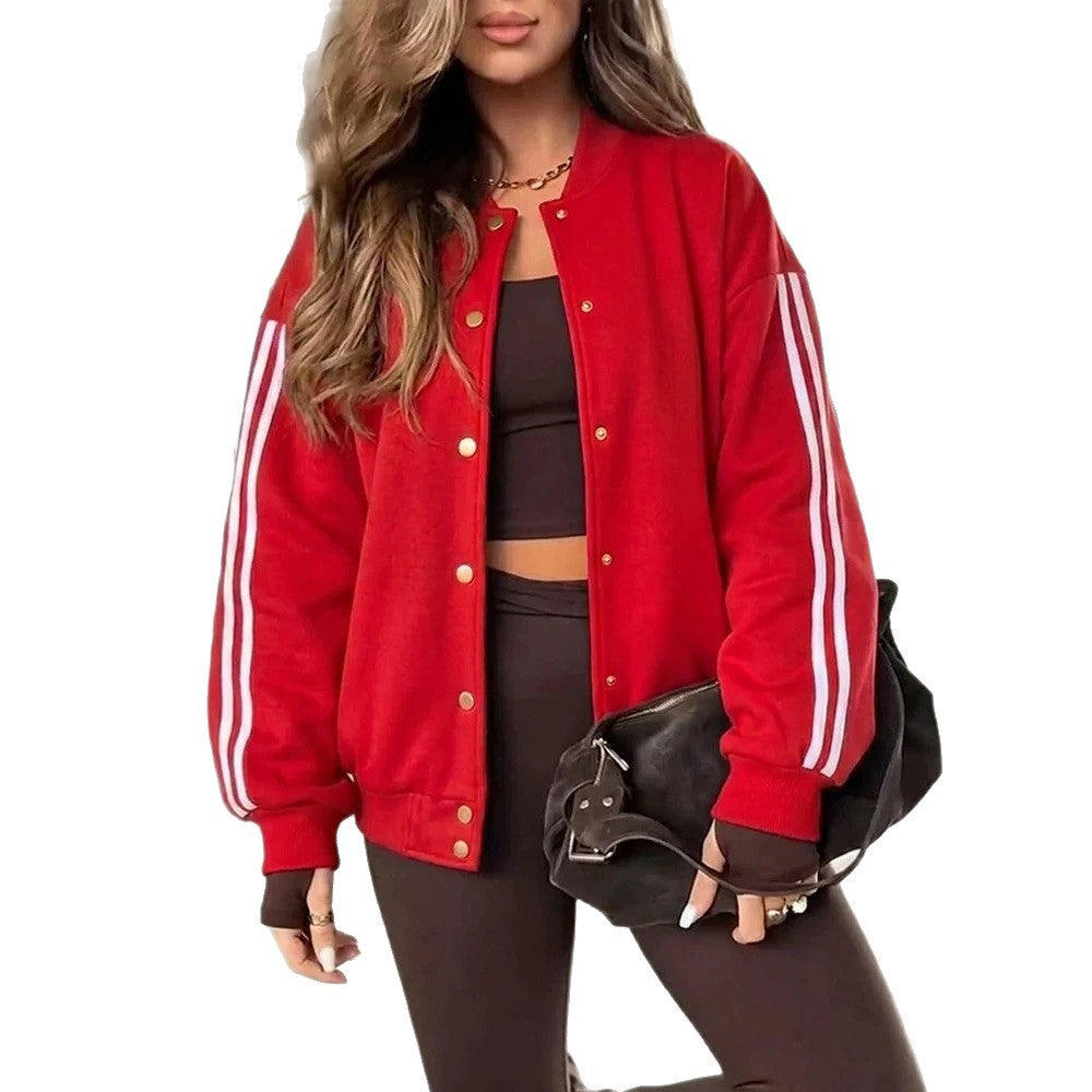 Damen Oversized Collegejacke mit Druckknopfleiste und kontrastierenden Streifenärmeln EB