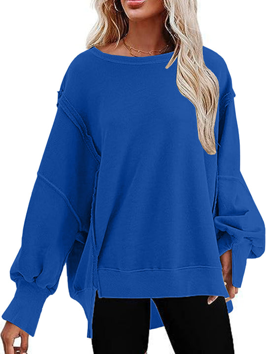 Damen lässiger Sweatshirt mit Ballonärmeln und seitlichen Schlitzen EB