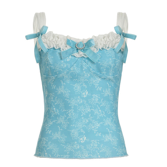 Damen Spaghetti-Trägertop mit floralen Akzenten und Rüschendetails EB
