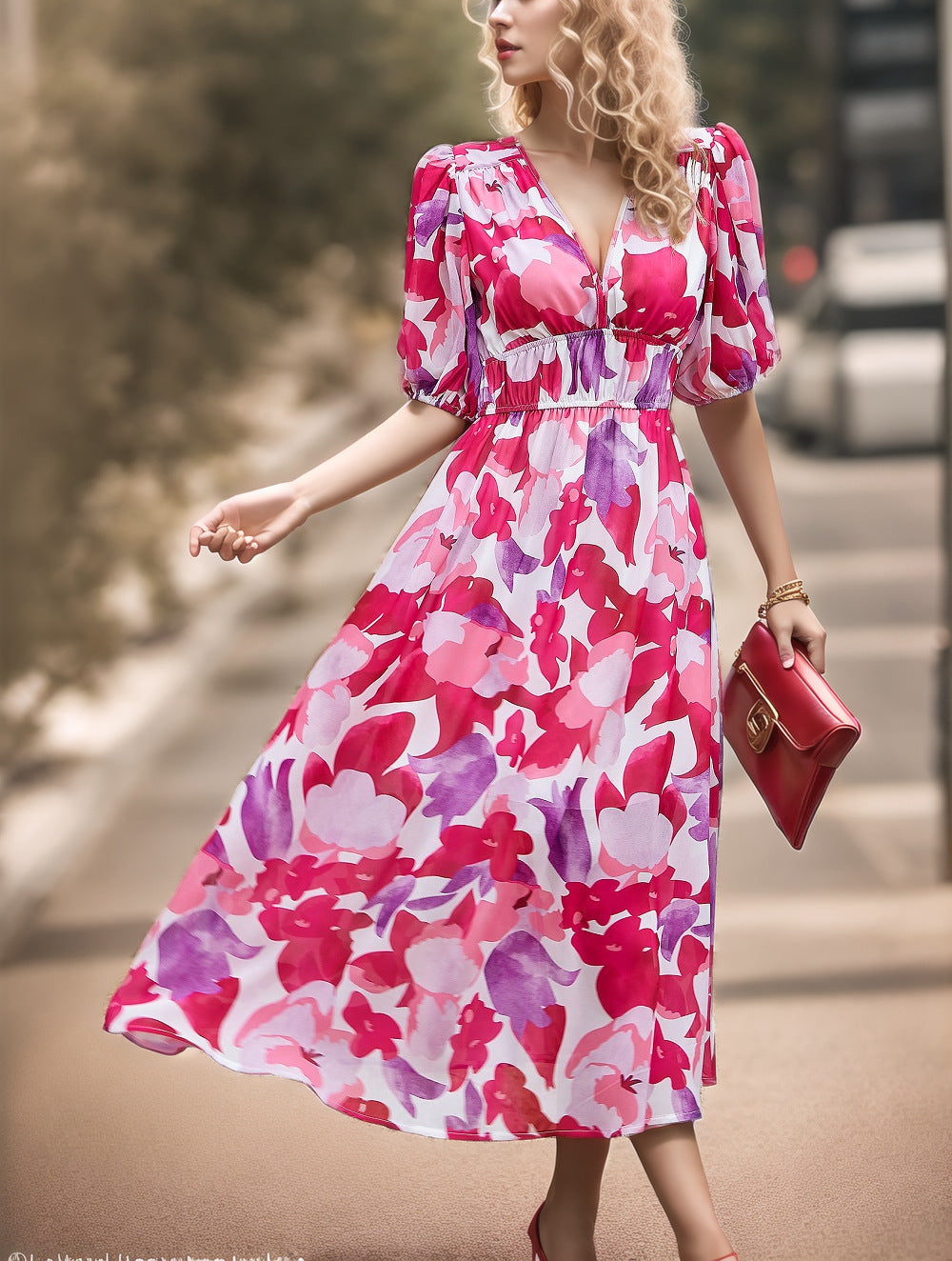 Damen Maxikleid mit voluminösen Puffärmeln und fließendem Rock Heidi-Mode