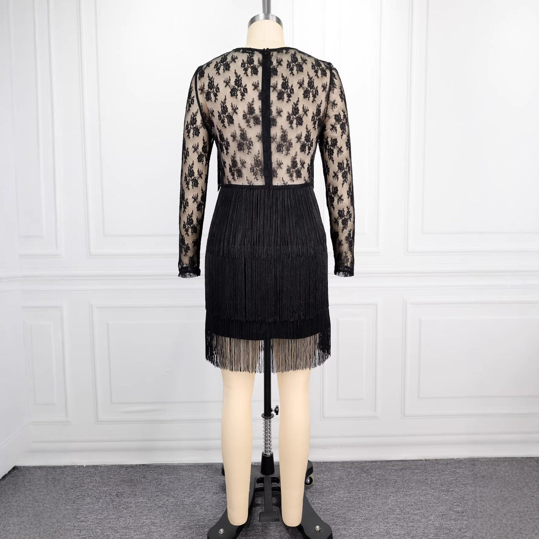 Damen Figurnahes Kleid mit fransigen Details und transparenten Spitzenärmeln EB