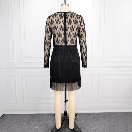 Damen Figurnahes Kleid mit fransigen Details und transparenten Spitzenärmeln EB