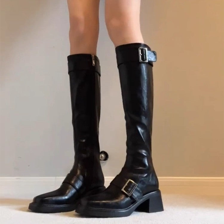 Damen modische Stiefel mit elegantem Schnallenverschluss und robustem Blockabsatz EB