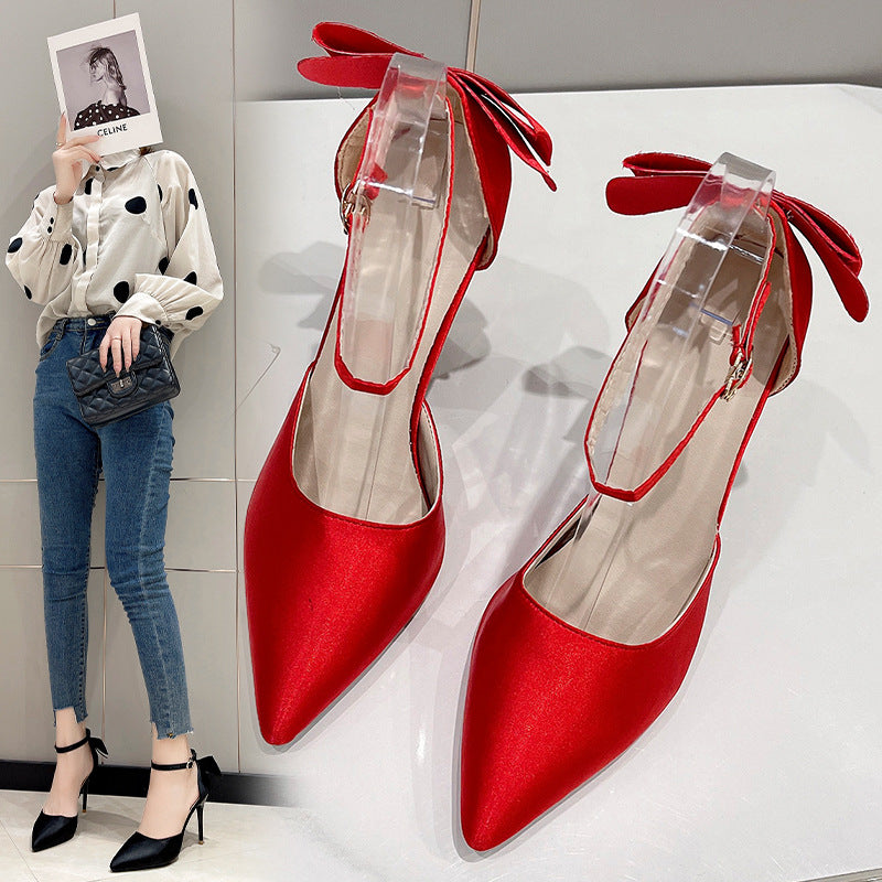 Damen Satin High Heels mit transparentem Riemen und Schleifenapplikation EB