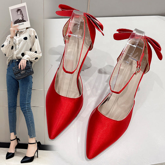 Damen Satin High Heels mit transparentem Riemen und Schleifenapplikation EB