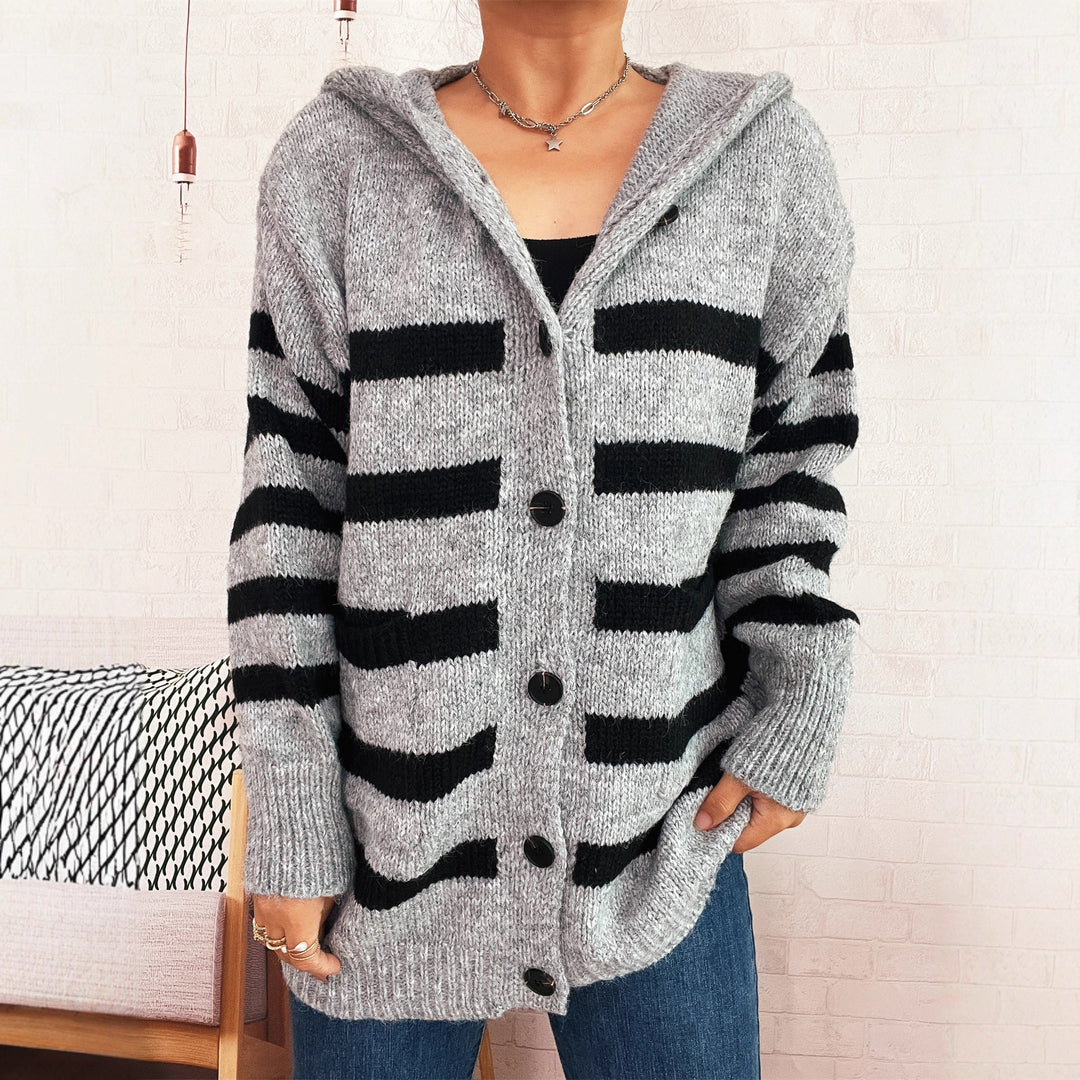 Damen oversized Strickjacke mit kontrastierenden Streifen und Kapuze EB