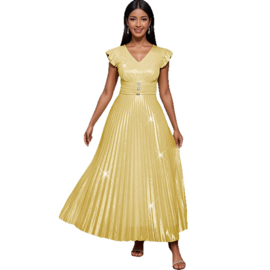 Damen elegantes Maxikleid mit schimmerndem Obermaterial und strukturiertem Taillenteil EB