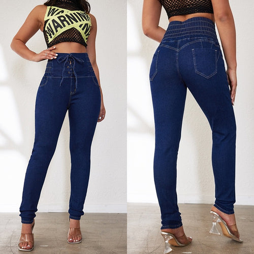 Damen Hochtaillierte Jeans mit verstellbarem Kordelzug und taillierter Passform EB