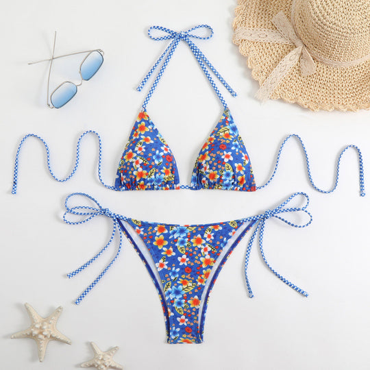 Damen Triangel-Bikini mit floralem Muster und verspieltem Bindeband EB